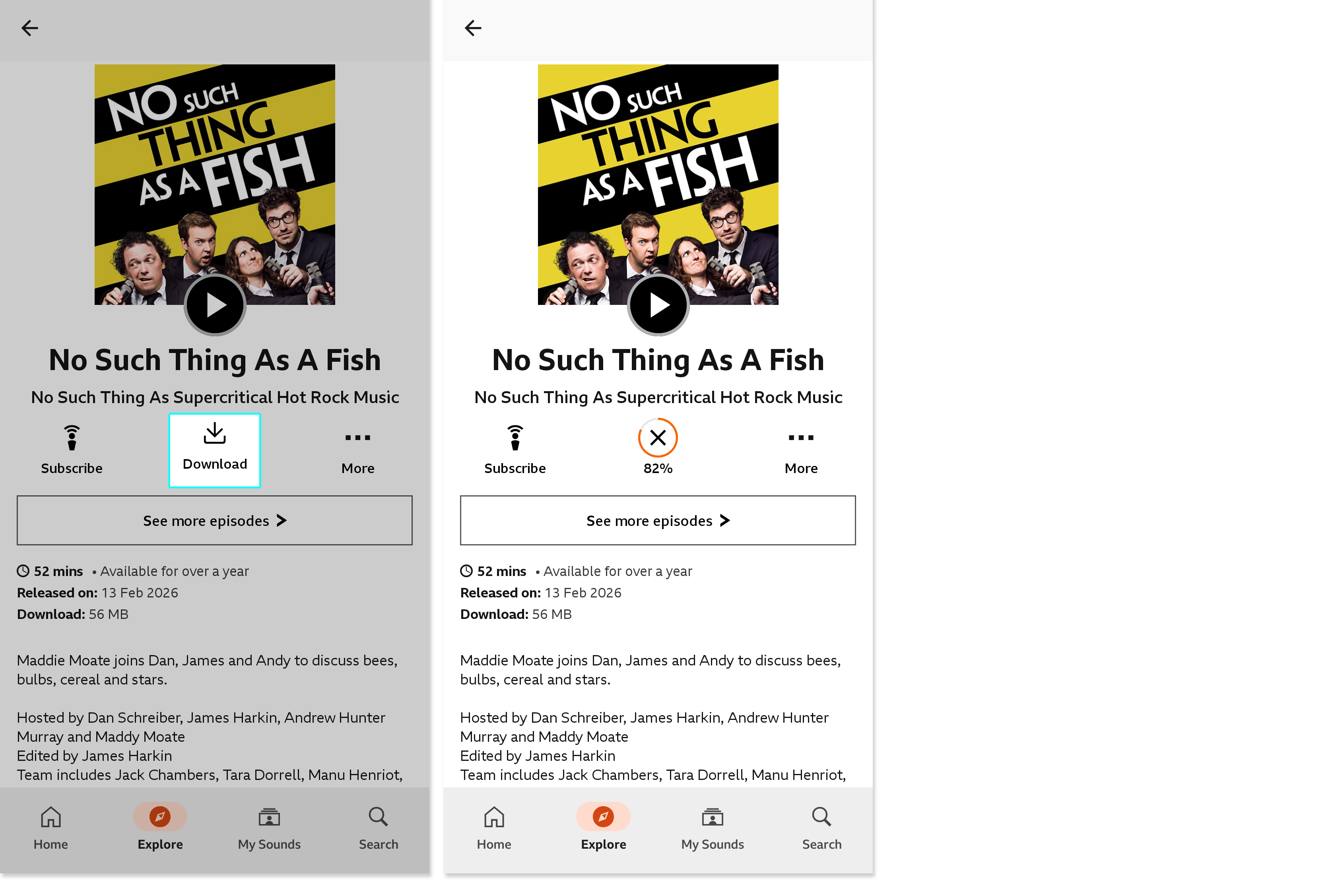 Two images from the BBC Sounds mobile app. The first shows an episode with the 'download' option highlighted, and the second shows the episode mid-download with the progression showing at the top