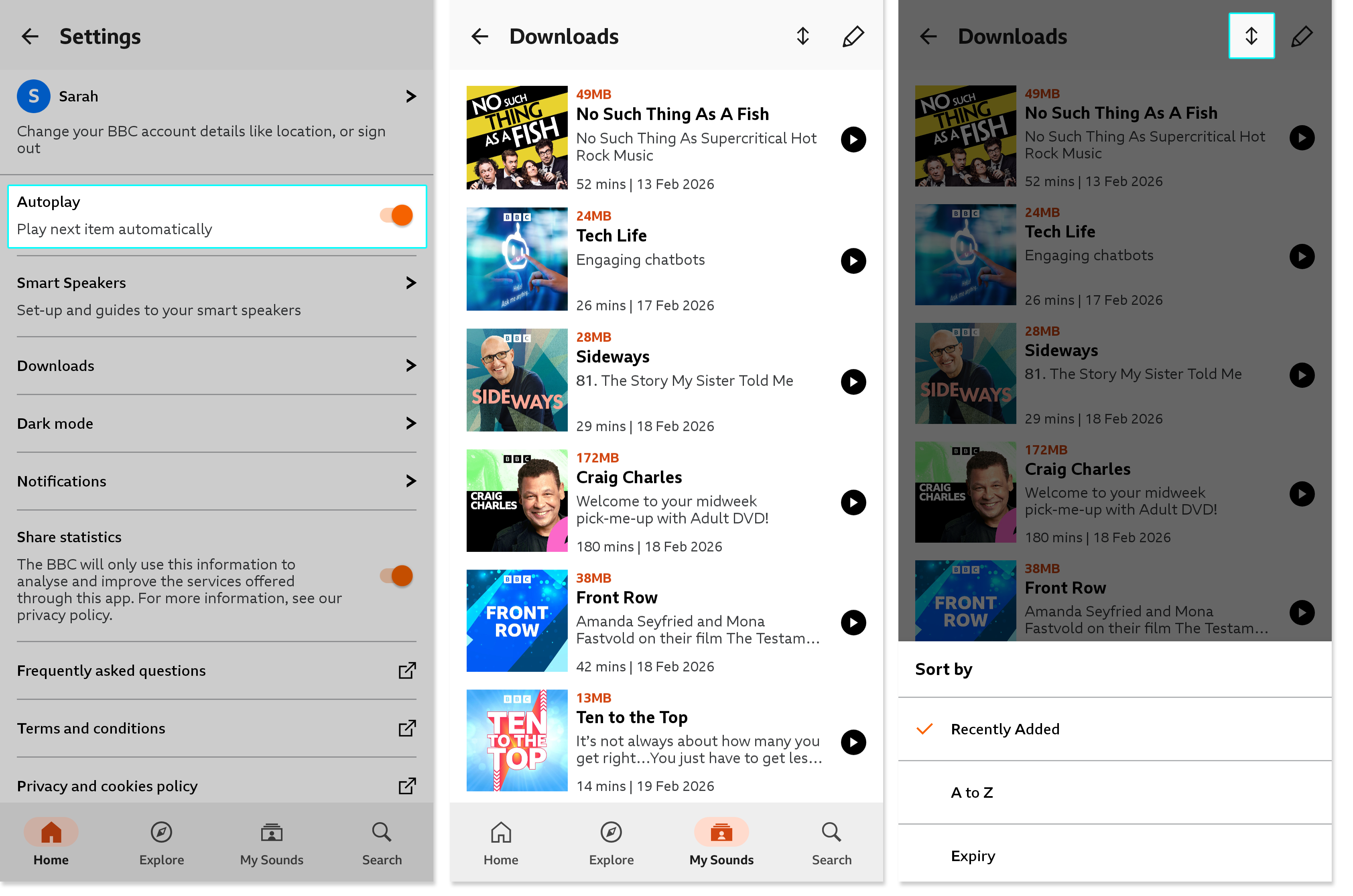 Three images from the BBC Sounds mobile app. The first shows the Settings options with the 'Autoplay' toggle highlighted. The second shows the Downloads list. The third shows the Downloads list with the 'Sort' icon and options highlighted