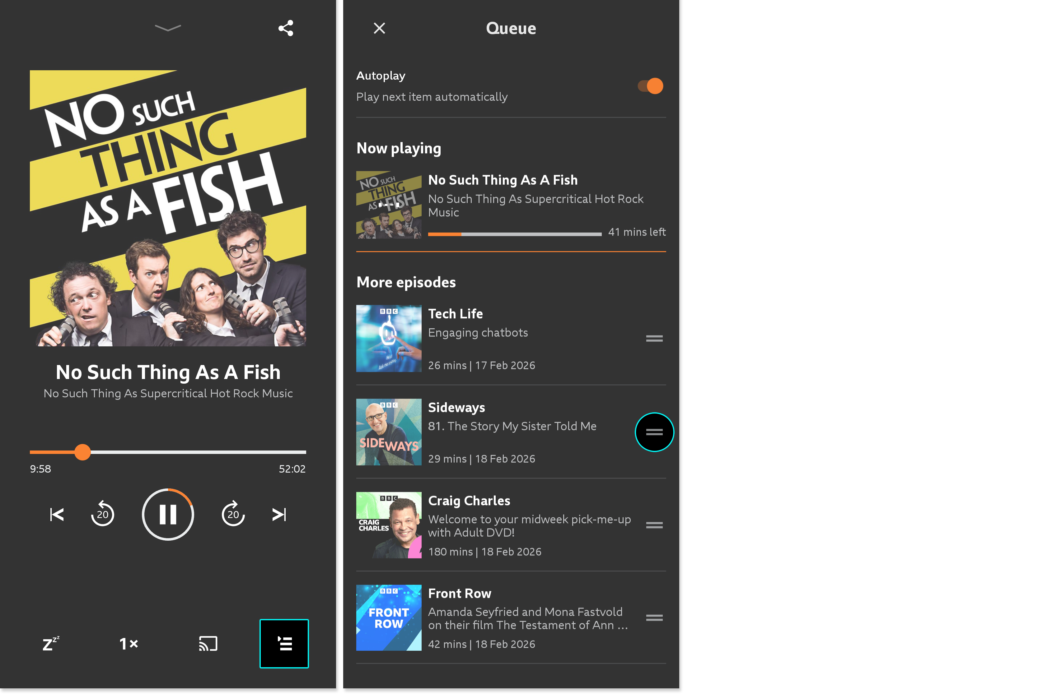 Two images from the BBC Sounds mobile app. The first shows the playback screen with the play queue icon highlighted. The second shows the queue with the 'move' icon highlighted on the right