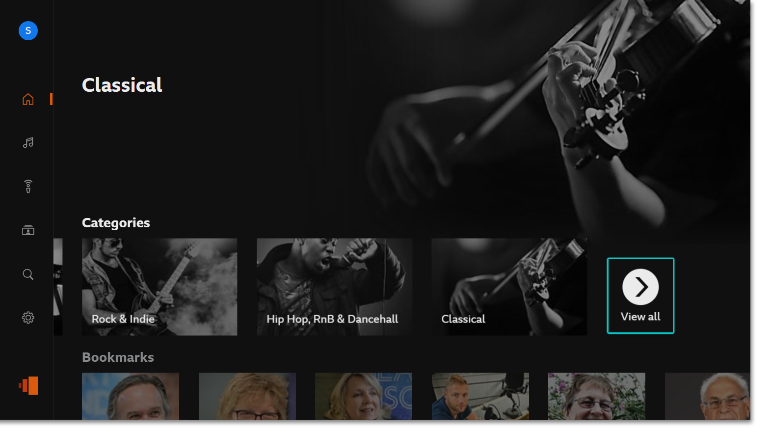 Screenshot of the categories on the BBC Sounds TV app with the View All button highlighted