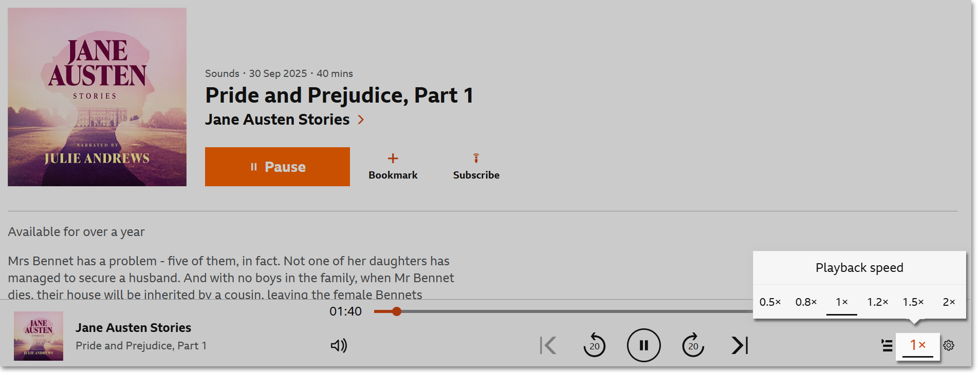 Image of the playback controls on the BBC Sounds website. The playback speed menu is open and highlighted
