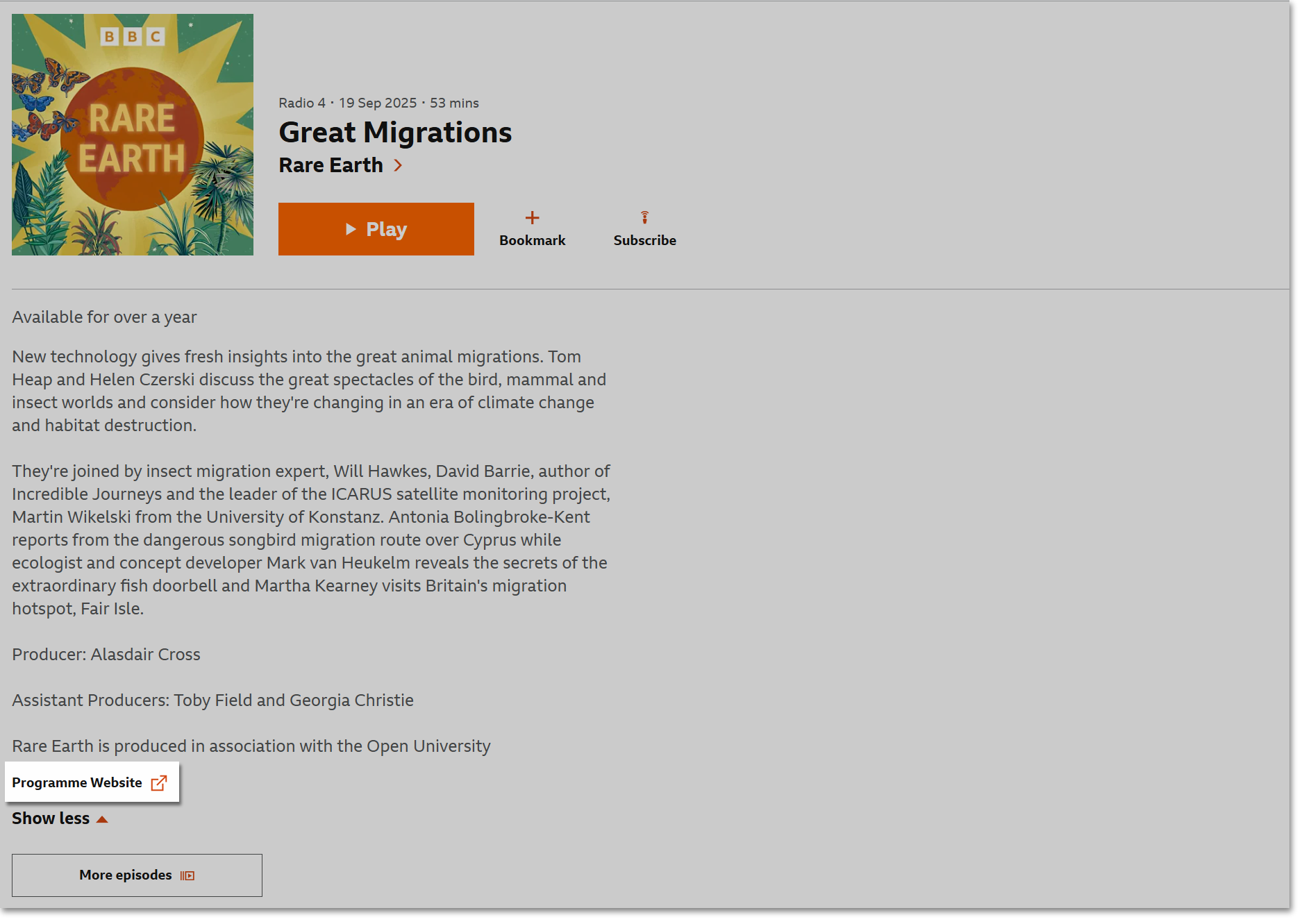 Image of a podcast episode on the BBC Sounds website with the 'programme website' link at the bottom highlighted
