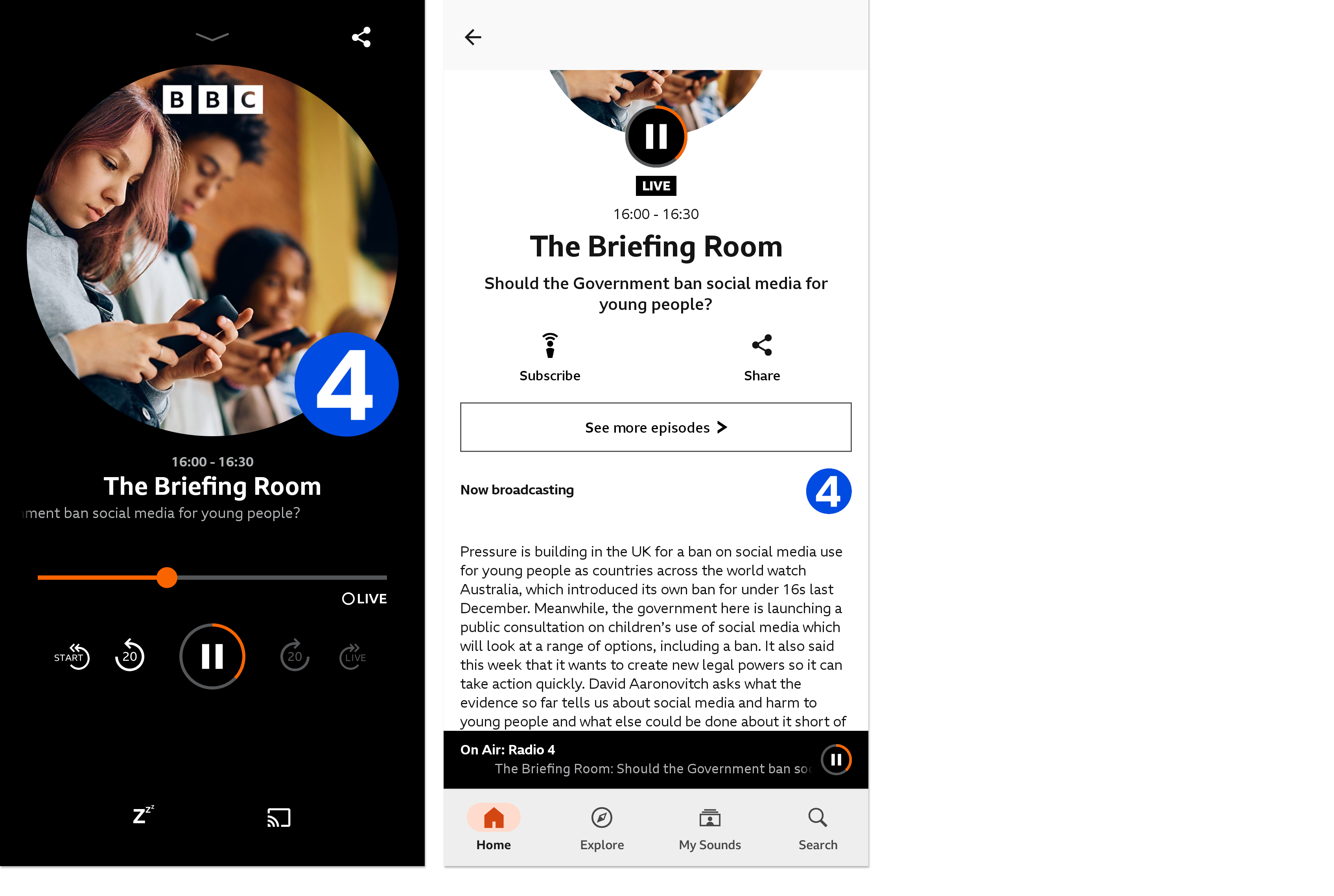 Two images from the BBC Sounds website. The first shows the playback screen and the second shows the information about the currently-playing programme