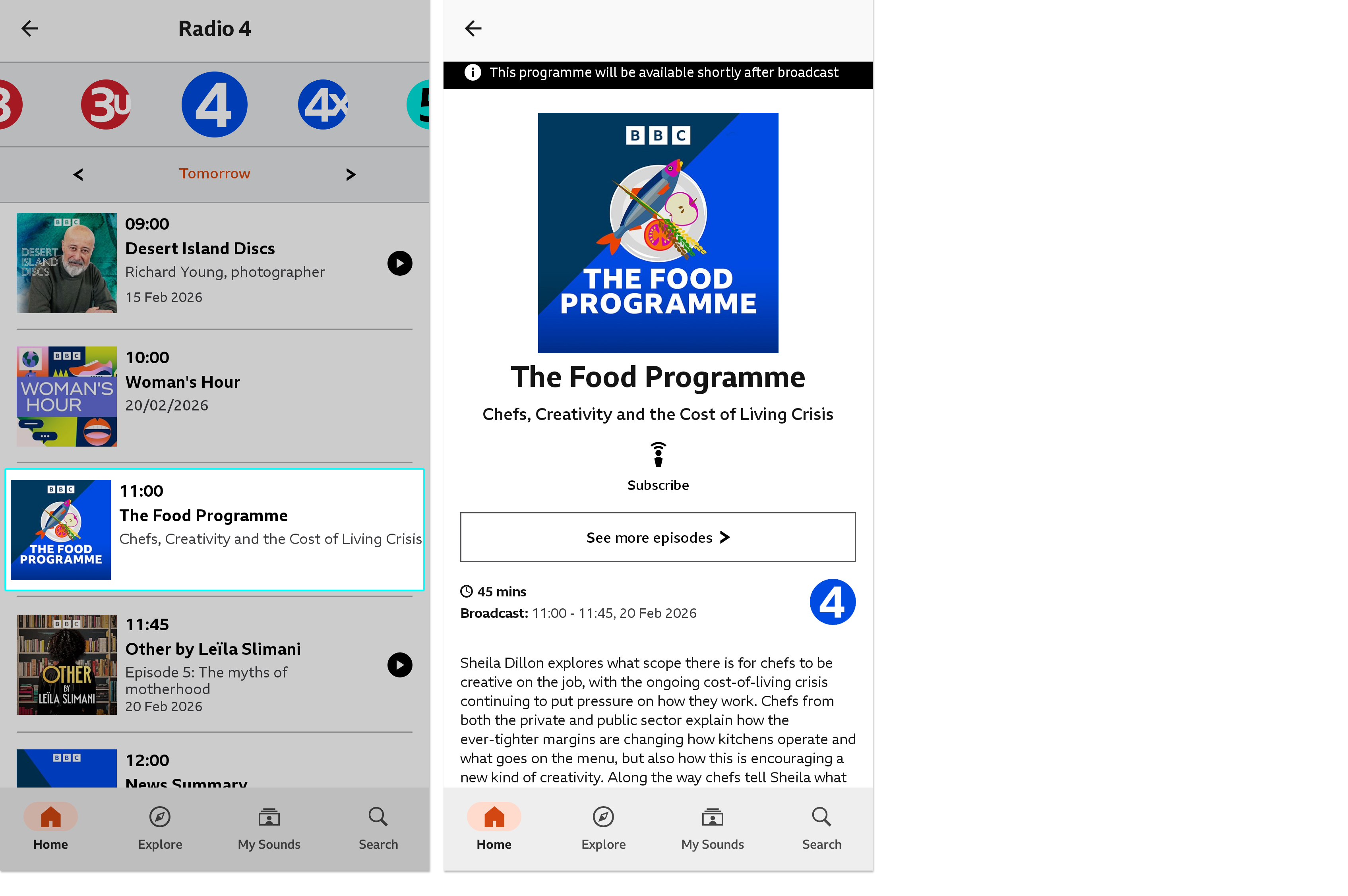 Twi images from the BBC Sounds mobile app. The first shows the future schedule for a radio station with one programme highlighted. The second shows the information about that particular scheduled programme