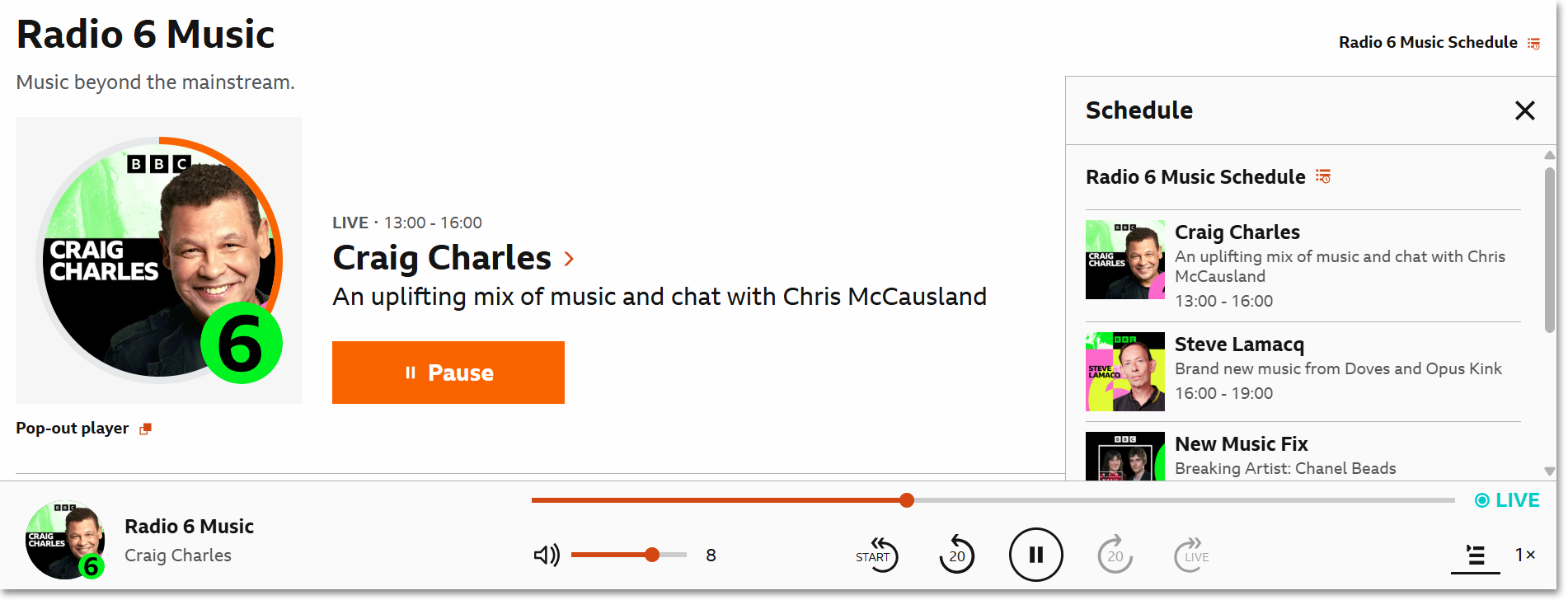Image of the live playback page on the BBC Sounds website