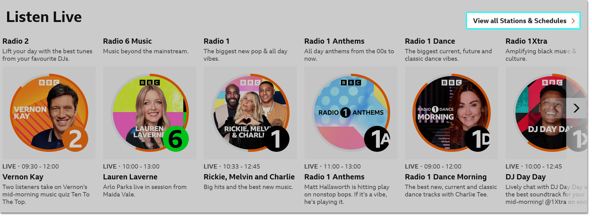 Image of the BBC Sounds homepage on the website. The Listen Live rail is visible and the the 'View all Stations & Schedules' link is highlighted on the top right