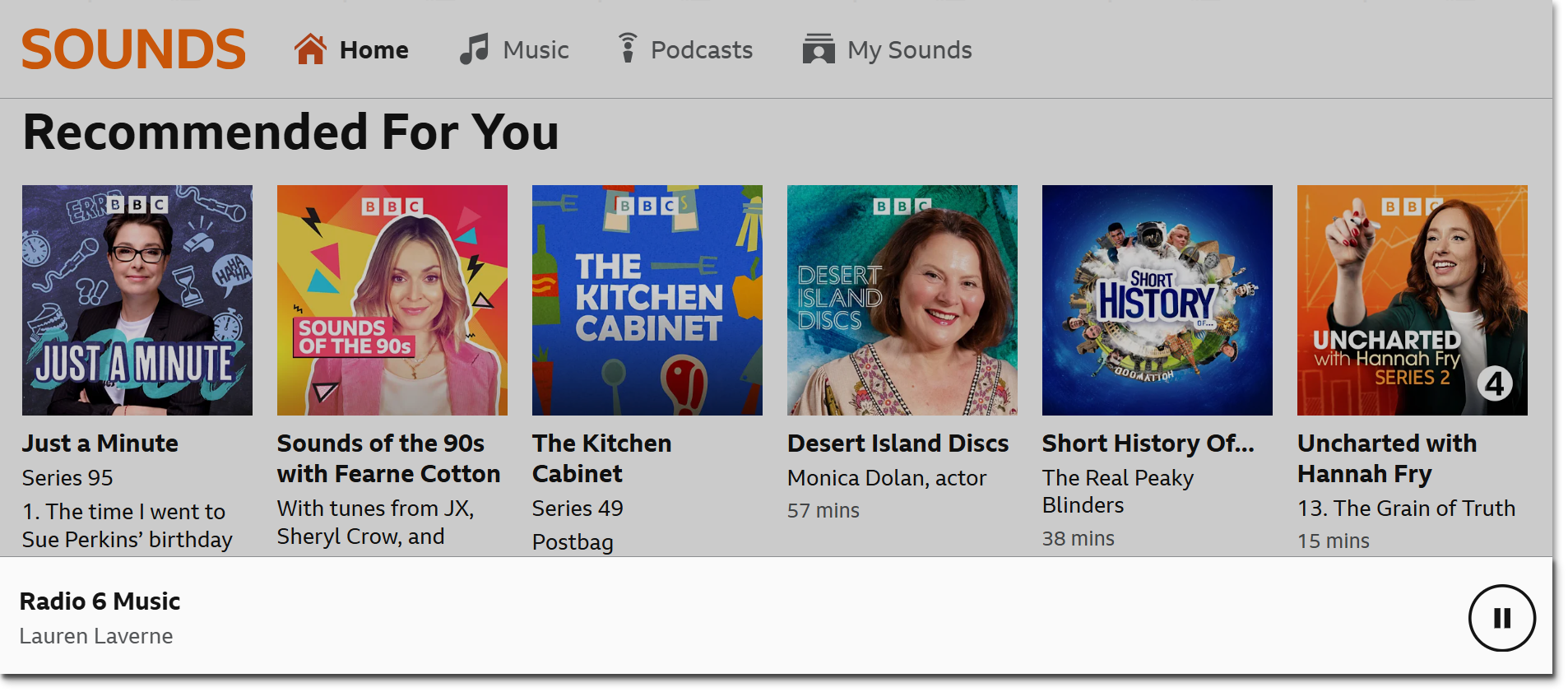 Image showing playback on the BBC Sounds website with the playback bar highlighted. Only the pause button is showing because the screen is zoomed in