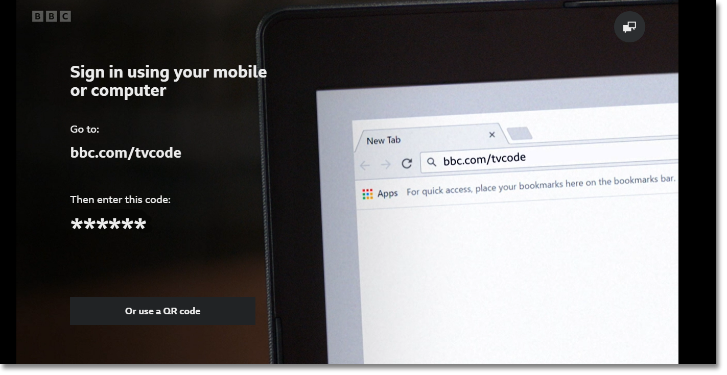 Image of the sign in screen on the Sounds TV app with the URL and 6-digit code displayed as well as the button to sign in using the QR code