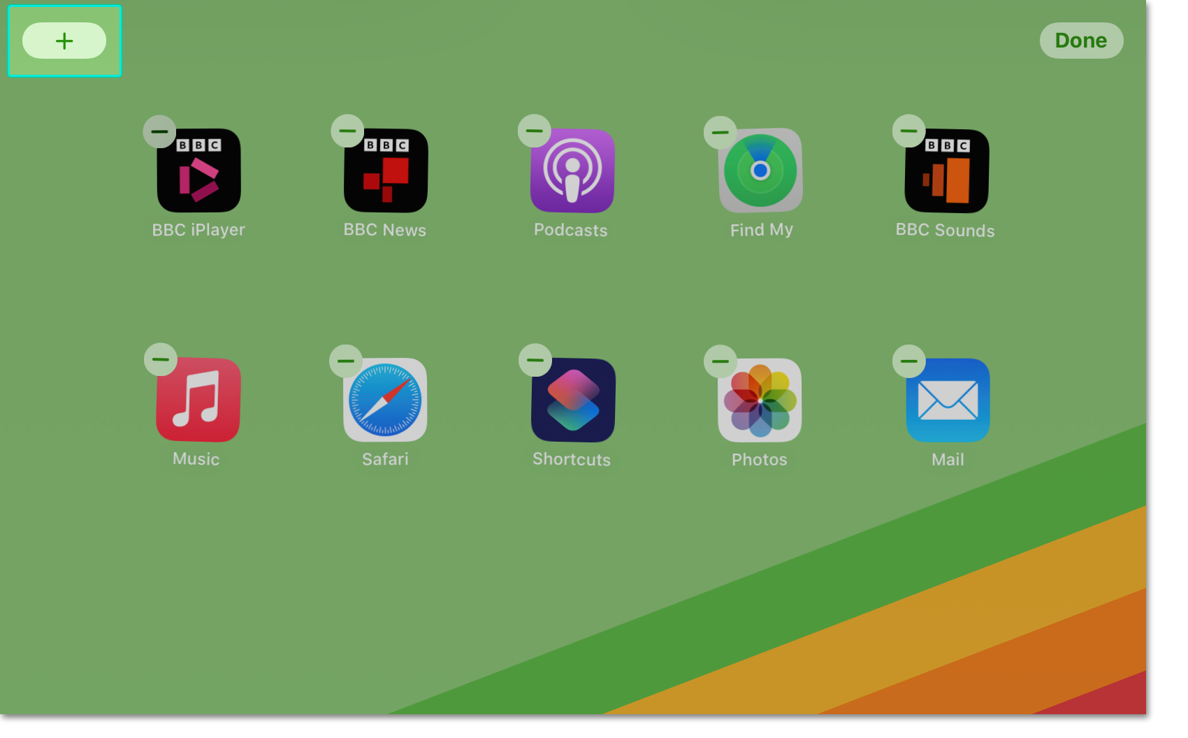 Screenshot of an iPad screen. The screen has been long-pressed and the 'plus' button on the top left is highlighted