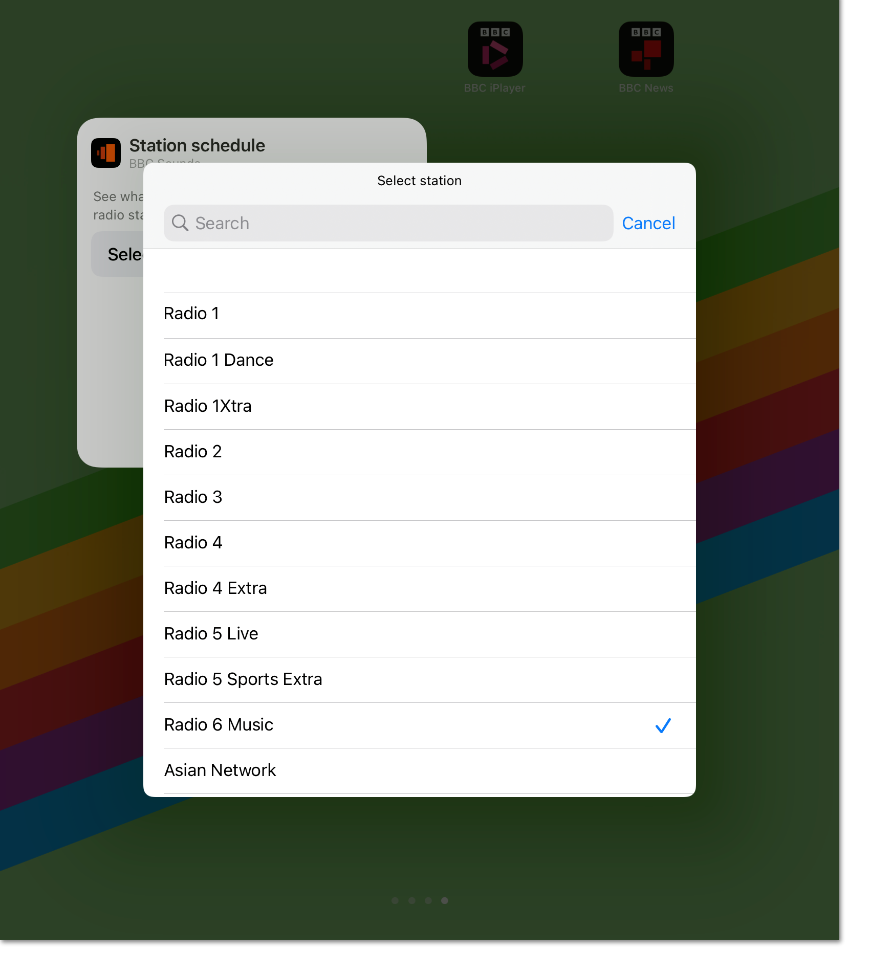 Image of the station selection menu on the iOS add-widget page
