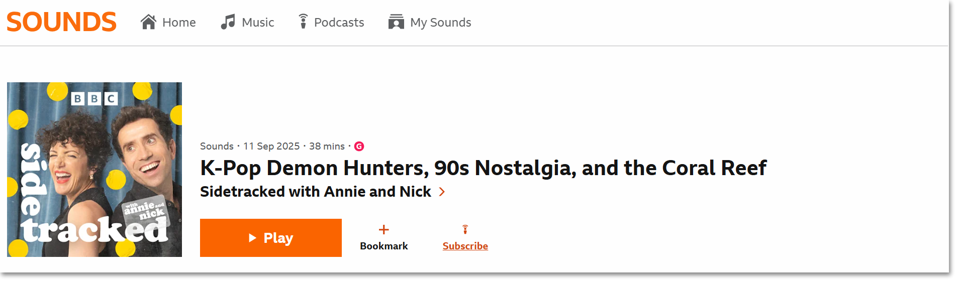 Image showing an episode page on the BBC Sounds website. The subscribe button is highlighted in orange