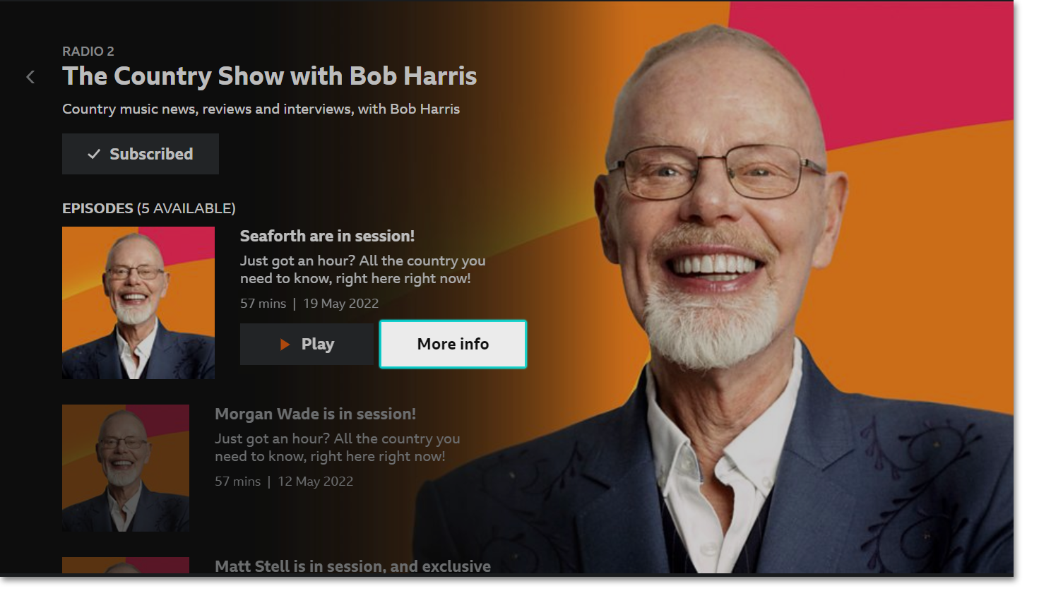 Screenshot of the BBC Sounds TV app open on a programme page with the 'More' button highlighted