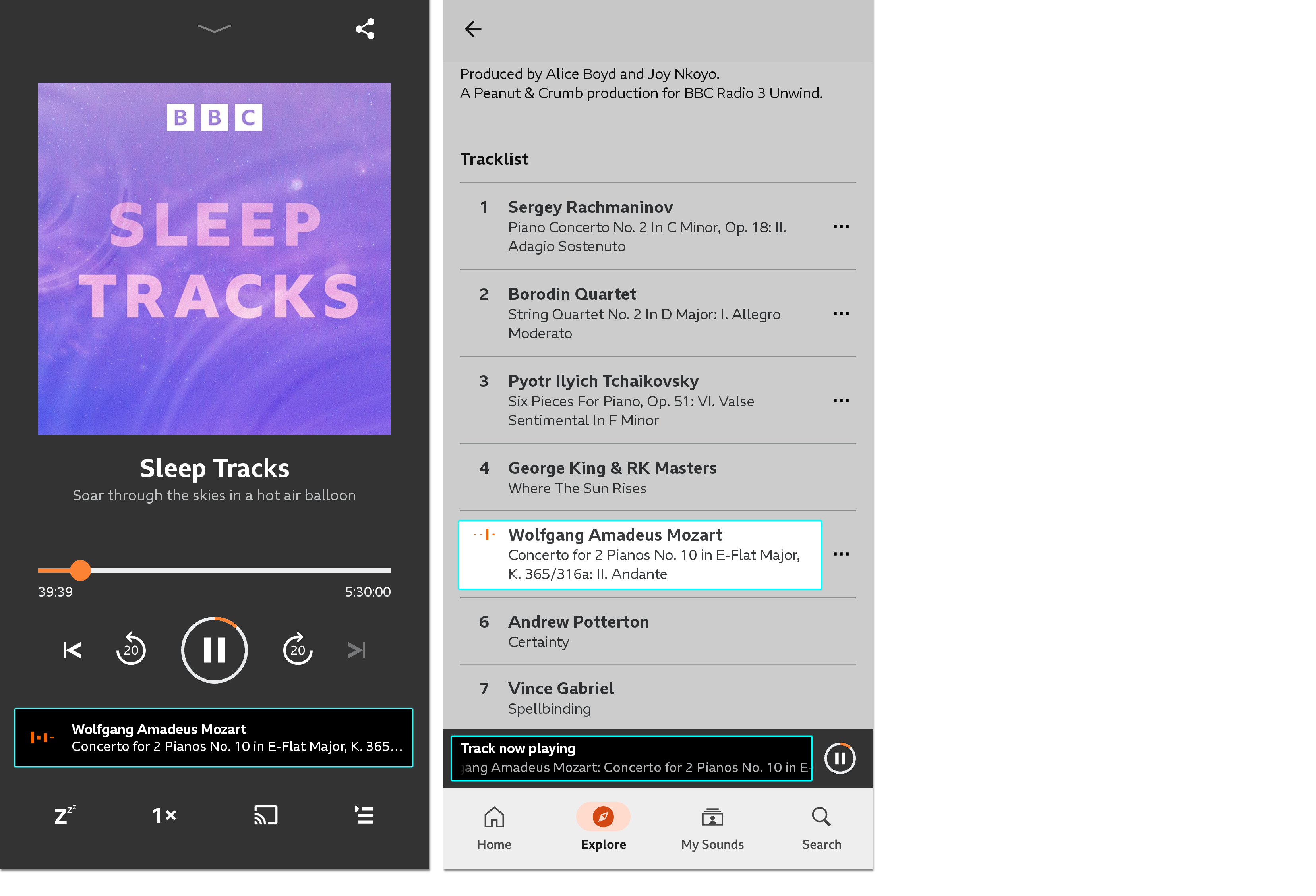 Two images from the BBC Sounds mobile app. The first shows the playback screen for an on-demand programme with the currently-playing track highlighted. The second shows the tracklist of the programme with the song highlighted and also highlighted in the playback bar at the bottom