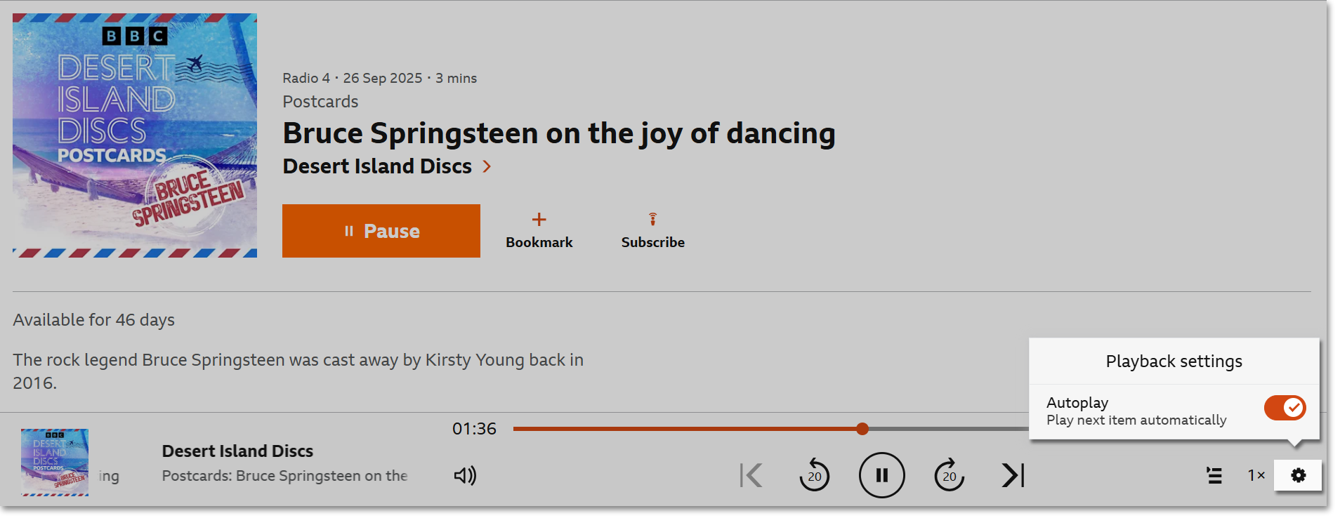Image showing playback on the Sounds website. The Settings cog is highlighted and the autoplay toggle is visible and highlighted