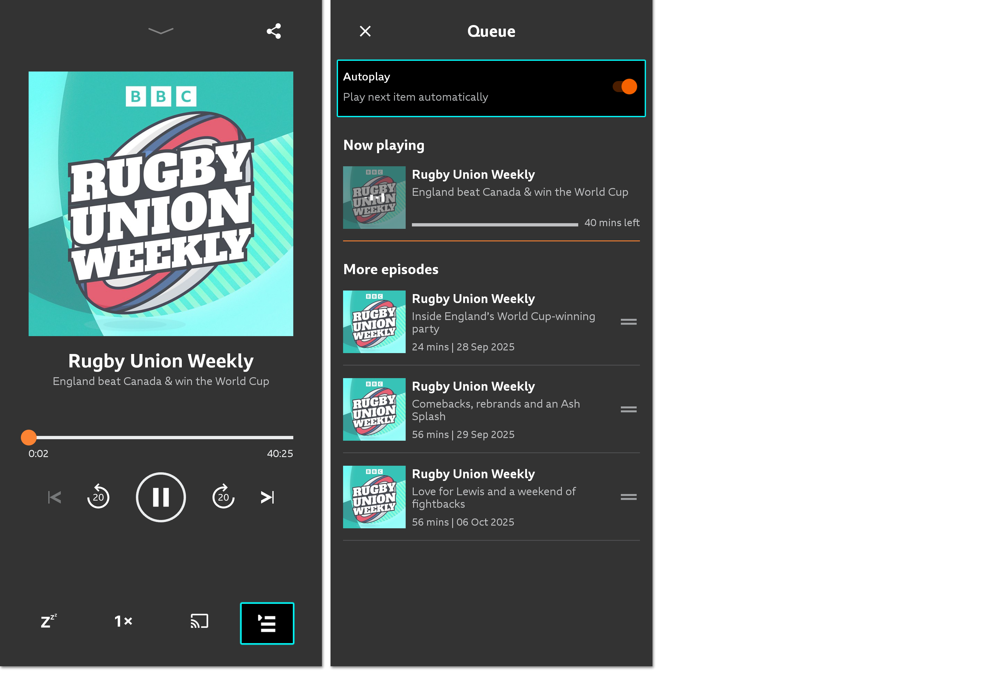Two images from the BBC Sounds mobile app. The first shows the playback screen with the Play Queue icon highlighted on the bottom right. The second shows the Play Queue with the Autoplay toggle highlighted at the top