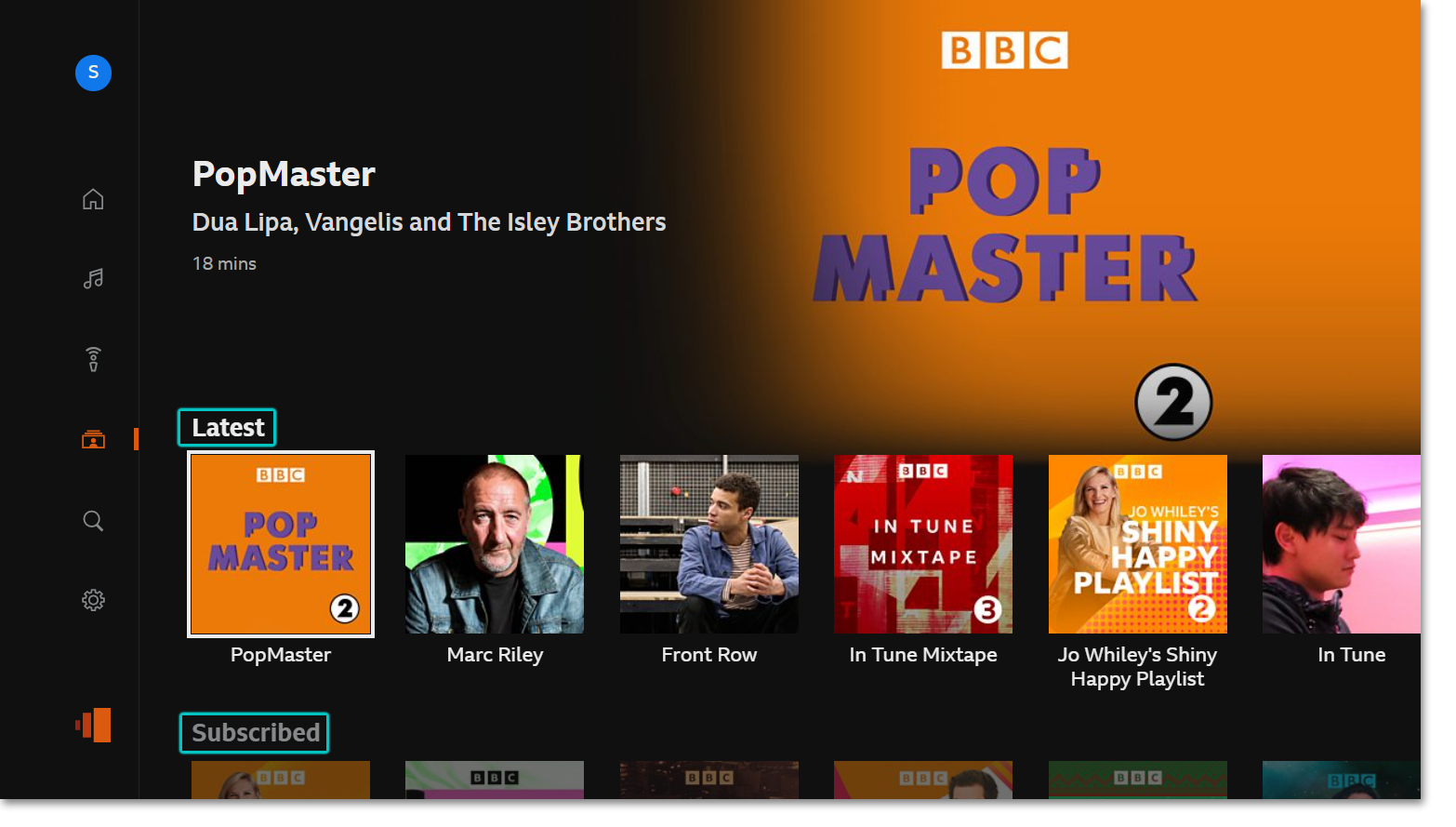 Image of the BBC Sounds TV app open in the My Sounds menu with the Latest and Subscribed headings highlighted