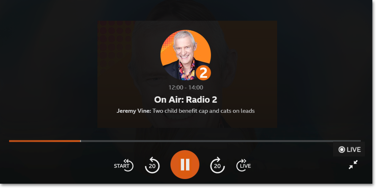 Image of the playback screen on the BBC Sounds TV app. The playback controls are showing as well as the station name and programme title and description