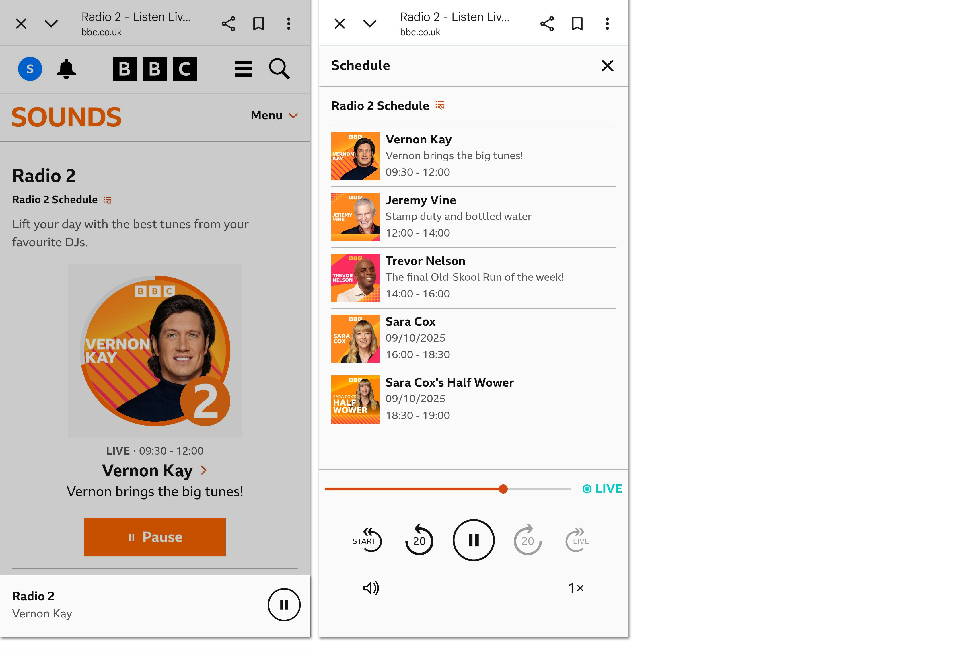 Two images of the playback screen on the BBC Sounds website on a mobile. The first shows the playback screen with the playback bar highlighted. The second shows the full play controls and play queue screen