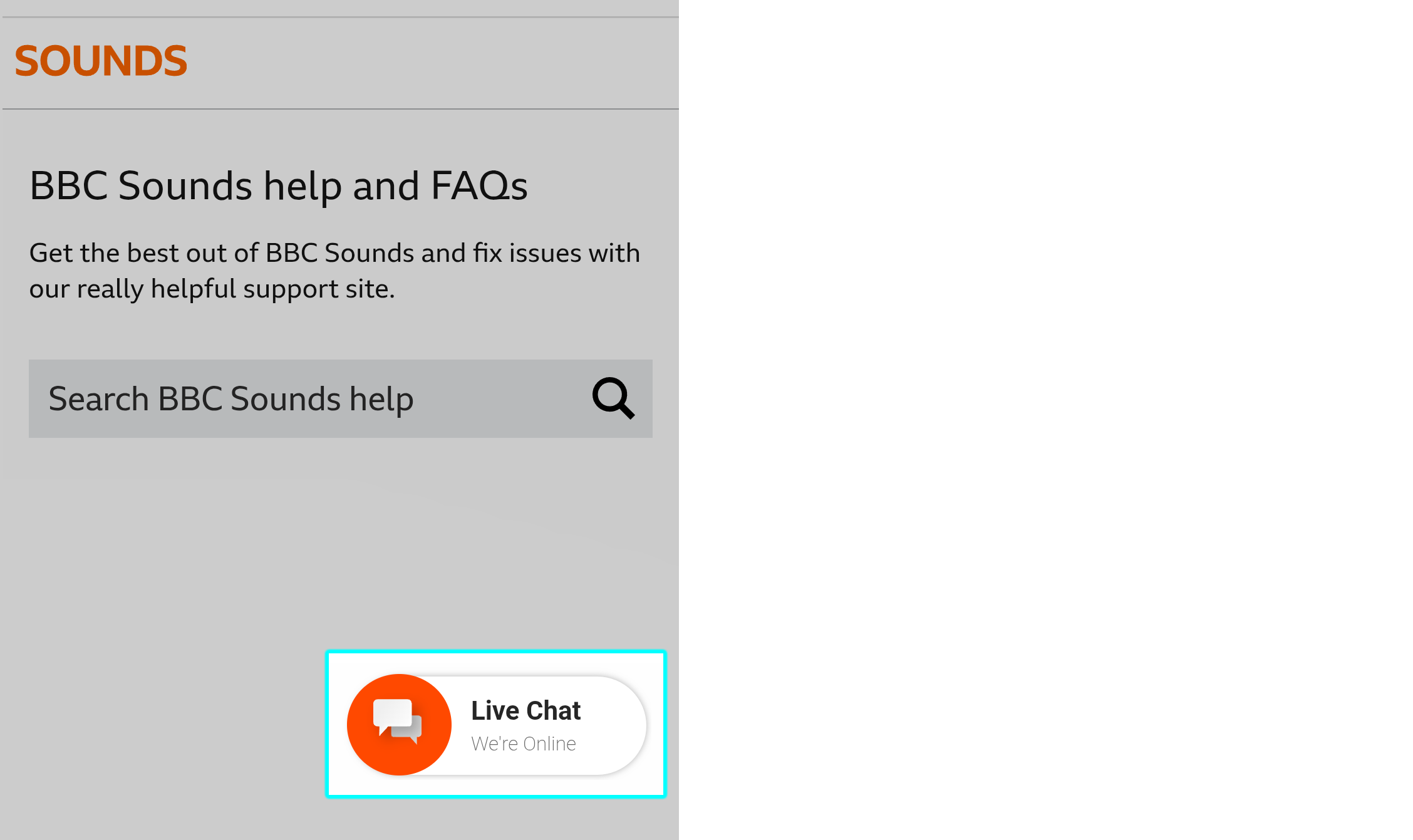 Image from the BBC Sounds help site showing the live chat icon highlighted on the right