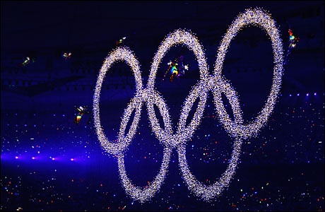 The Olympic rings during Beijing opening ceremony