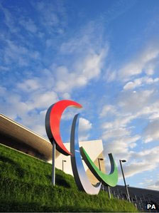 The Paralympic Agitos outside the Aquatics Centre in the Olympic Park