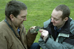 Brett and Ed Drewitt examine the remains of a peregrine meal