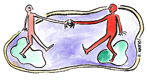 "Migrants collaborate, with no leader, inside a cell" by Emily Kasriel