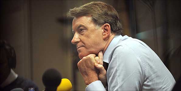 Peter Mandelson giving a radio interview