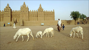 Woman with cow outside Djenne mosque, Mali