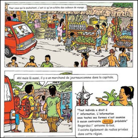 Illustration of the group arriving at a small town