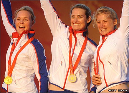 Pippa Wilson (left), Sarah Webb (centre) and Sarah Ayton (right) won Yngling gold in Qingdao
