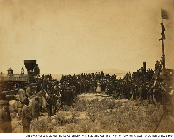 Andrew J Russell. Golden Spike Ceremony with Flag and Camera, Promontory Point, Utah. Albumen print, 1869 