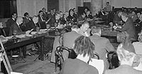 Secretary of State George Marshall (right) faces the Senate Foreign Relations Committee on 8 January 1945 to argue for aid to Europe