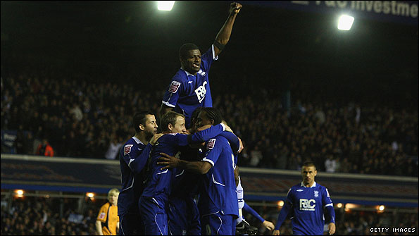 Birmingham's players celebrate Cameron Jerome's opener on Monday night