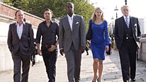 (L-R): Kelly Adams as Emma, Adrian Lester as Mickey, Robert Glenister as Ash Morgan, Matt Di Angelo as Sean and Robert Vaughn as Albert Stroller