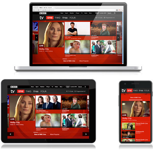 Screenshots of BBC one homepage on three different devices