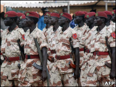 Southern Sudanese soldiers march in front of southern president Salva Kiir (unseen) on July 30, 2010 in the southern capital Juba