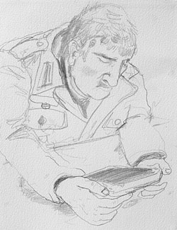 A sketch by artist on set Dan Llewelyn Hall. Image courtesy of the artist