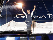 Loick Peyron crossing the finishing line