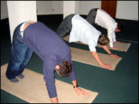 Jon, James and Geoff get into their yoga positions