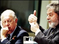 O presidente Lula e o presidente chileno, Ricardo Lagos, em reunião em Nova York nesta segunda-feira (foto: Marcello Casal/Abr)