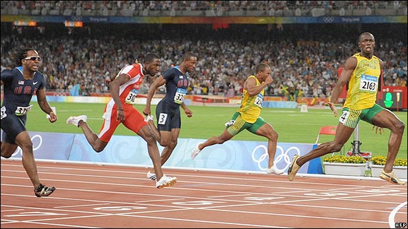 Usain Bolt wins the 100m in Beijing
