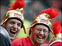 Manchester United fans in Centurion helmets