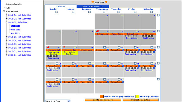 A screengrab of the Adams system calendar