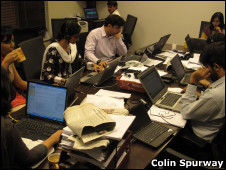 Urdu and Pashto team meeting, with BBC Lifeline Pakistan Editor Amber Rahim Shamsi pictured right