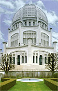 A typical Bahá'í temple: striking tiered, domed building of white stone