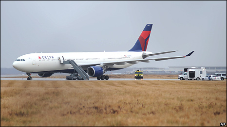 Northwest Airlines Flight 253 on the runway after arriving at Detroit Metropolitan Airport from Amsterdam on Friday, Dec. 25, 2009