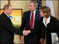 Vladimir Putin, George W. Bush e Susan Schwab
