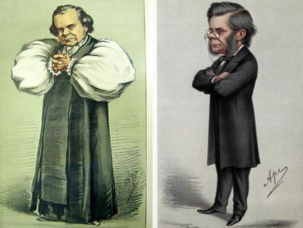 Cartoons of Bishop Wilberforce (left), in clerical dress with his hands folded and a grim expression, and Thomas Huxley (right), shown in a black frock coat with pince-nez spectacles and large sideburns, arms folded and looking unimpressed