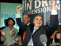 Peter Mueller, primeiro-ministro de Saarland, celebra a vitória de seu partido